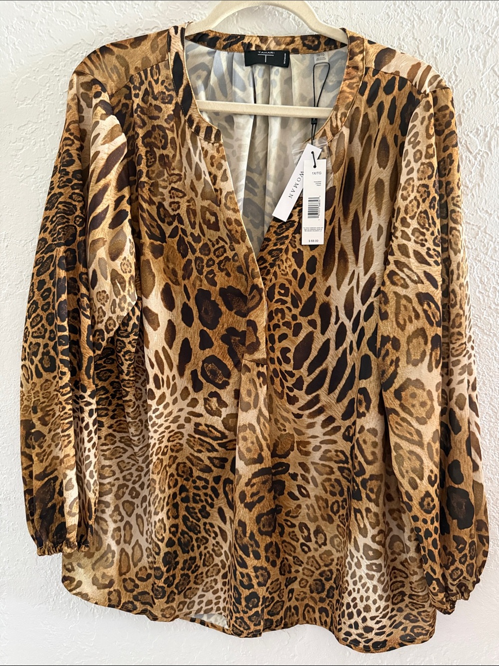 Tahari 1X Multi-Brown Leopard Print V-Neck Long-sleeves Blouse NWT
